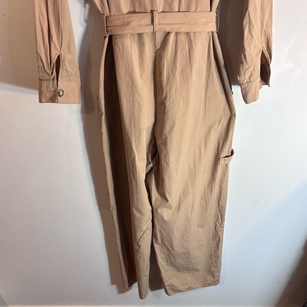 ZARA Sz L Boiler Suit Tan Belted Jumpsuit long Sleeve Patch Pockets Loose Leg - Picture 9 of 10